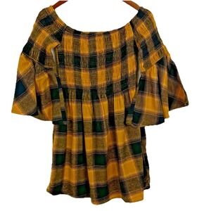 Taxi Women's Plaid Baby Doll Mini Dress Brown Gold Bell Sleeve Large